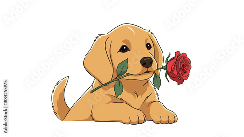 Heartwarming illustration of a cute Golden Retriever puppy holding a long-stemmed red rose in its mouth, perfect for romantic cards and themes.