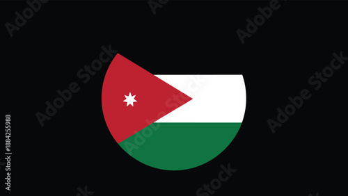 National flag of Jordan presented in a modern circular design with its characteristic black, white, and green stripes and a red star triangle.