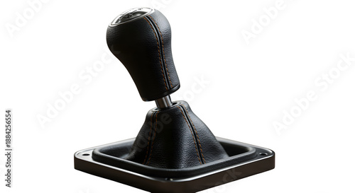 Black textured leather gear shift shows orange stitching on black. Use for parts catalog, promotional materials, automotive blog.