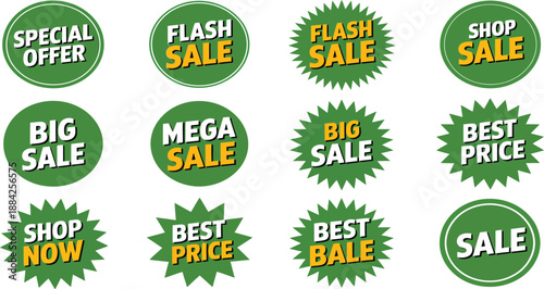 Green and yellow starburst sale badges feature various marketing phrases for retail.