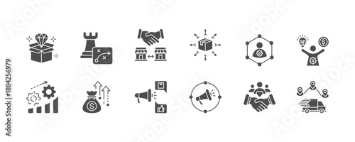 Business Concept Stroke Vector Illustration. Containing Planning, Acquisition, Distribution Channels, Business Network, Entrepreneurship, Business Development icons. Stroke icon collection Solid icon
