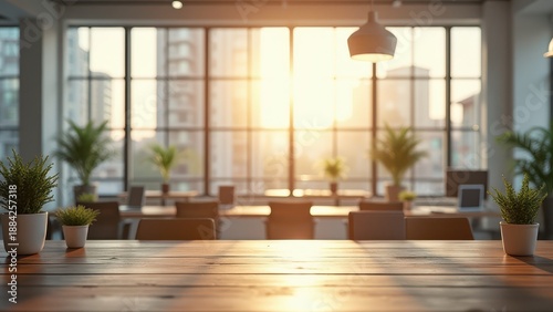 wooden table in sunny office interior with big windows natural daylight modern workspace atmosphere clean minimal scene concept of business corporate marketing design industry
