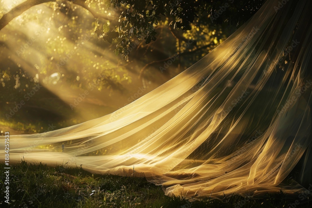 Fototapeta premium Golden sunlight filters through trees, illuminating a sheer fabric draped in a magical forest setting, creating a dreamy atmosphere