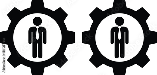 Business man icons inside gear symbols representing workforce management, human resources, settings, administration, system control, flat black vector illustration