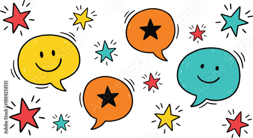 Colorful speech bubble doodle icons with smiling faces and stars representing communication, feedback, reviews, creativity, fun cartoon illustration