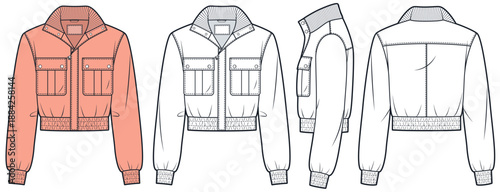 Bomber Jacket Technical Flat Sketch. Utility Jacket fashion flat technical drawing template, patch pockets, front, side and back view, white, pink, women, men, unisex CAD mockup set.