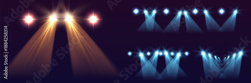 A set of multi-colored spotlights with realistic glow and a directional light cone.