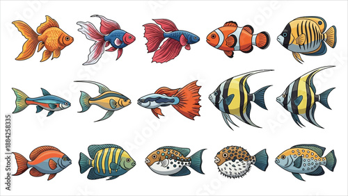 Aquarium Tropical Fish Cartoon Vector Collection