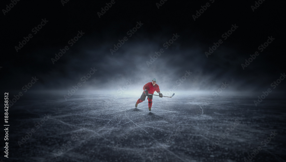 Fototapeta premium Dramatic artwork hockey player skating forward on dark ice. Concept of professional hockey match action, attacking player movement, sports event promotion, broadcast and advertising background.