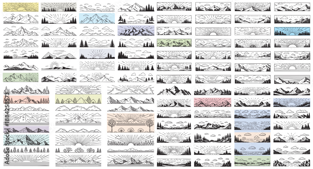 Naklejka premium Panoramic hand drawn mountain landscape vector set featuring sunrises, skies, clouds, forests, and hills in vintage line art style.