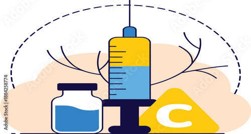 Syringe and vial related to vitamin C injection treatment are displayed with abstract.