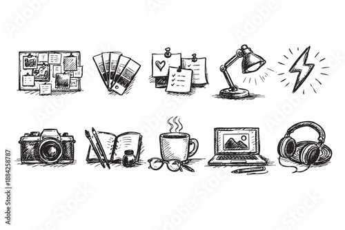 This black and white hand-drawn vector illustration features a collection of essential creative workspace elements like a mood board, laptop, camera, and coffee mug, ideal for design, art.