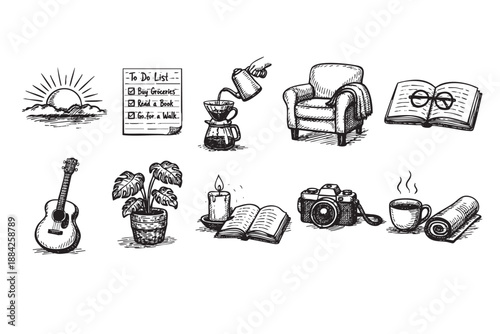 This black and white hand-drawn vector illustration set depicts various cozy daily routine and lifestyle elements, perfect for themes of relaxation, self-care, and productivity.