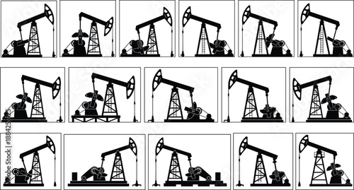 Oil pumpjack silhouette icon set, petroleum industry equipment collection featuring multiple nodding donkey pump variants, black vector illustration isolated design