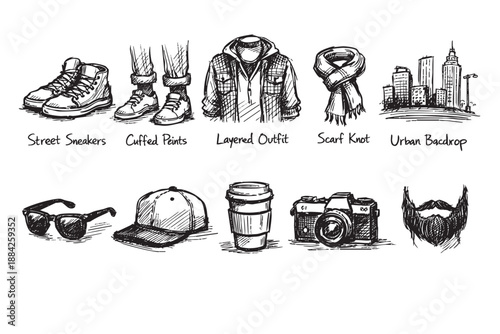 This black and white hand-drawn sketch illustrates a collection of trendy urban lifestyle and casual fashion accessories, along with a city backdrop, perfect for modern design.