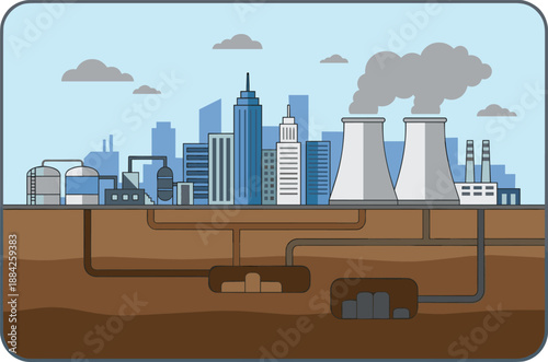 Industrial city infrastructure illustration showing power plants, underground pipelines, energy distribution system, urban skyline, pollution concept, flat vector design