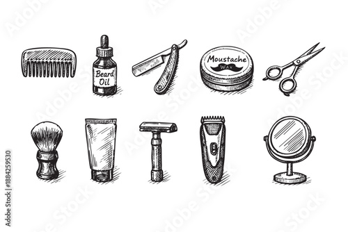 This hand-drawn vintage illustration showcases classic barber and male grooming essentials: razors, beard oil, aftershave, brush, and mirror, in black and white on a clean white background.