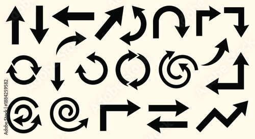 Vector collection of black arrow icons with hand drawn circle, spiral and curve shapes in a flat design style. A symbol set for app navigation, presentations, and UI design elements.