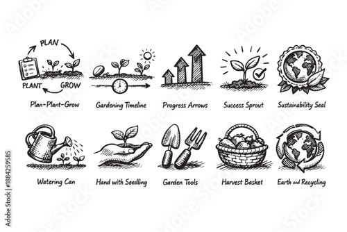 Hand-drawn doodle icons illustrating plant growth, gardening, business development, and environmental sustainability with a sketchy black and white style, isolated on a clean white background.