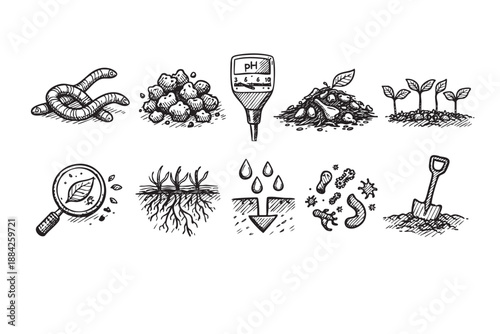 A comprehensive set of hand-drawn soil science and gardening icons, including earthworms, pH meter, plant growth, roots, water, and microorganisms, ideal for educational design.