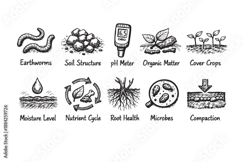 This detailed hand-drawn icon set illustrates crucial soil health elements like earthworms, pH, organic matter, and microbes, essential for sustainable agriculture practices.