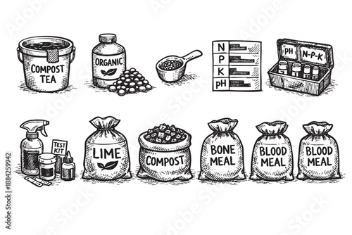 This hand-drawn, black and white illustration depicts a comprehensive collection of essential gardening soil amendments, fertilizers, and nutrient testing tools for healthy plant growth.