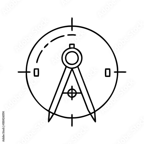 A technical drawing of a compass with a circular frame and precision instruments