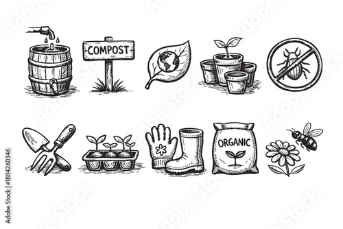 This handdrawn vector icon set depicts various elements of nature, gardening, organic farming, and sustainable living, featuring a rain barrel, compost sign, plants, tools, and ecological symbols.