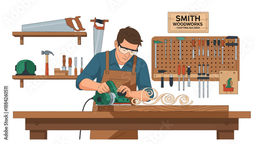A man in a workshop using a power tool to smooth wood