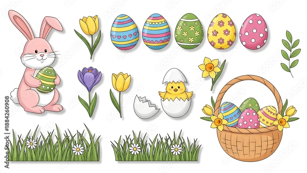 Fototapeta premium Easter celebration with bunny eggs flowers and basket