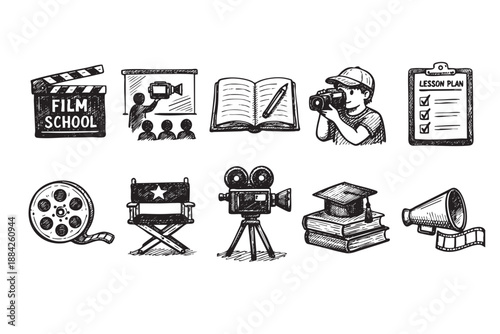 A collection of hand-drawn black and white doodle icons illustrating various aspects of film school, cinema education, and creative filmmaking processes, perfect for educational content.