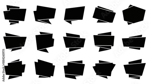 Modern Abstract Black Banners and Labels Set. Geometric Silhouette Ribbons, Price Tags, and Speech Bubble Shapes for Design and Sale Promotions.