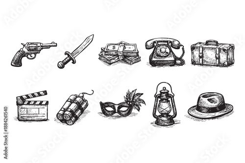 Black and white vector illustration featuring crime and mystery elements: gun, sword, money, phone, suitcase, clapperboard, dynamite, mask, lantern, hat. Useful for noir illustrations.