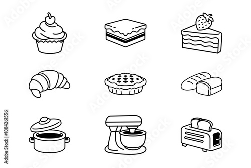 Cupcake, croissant, pie, bread loaf, cooking pot, stand mixer, toaster icon set. Bakery, baking food, kitchen tools elements pack. Pastry and dessert illustration.