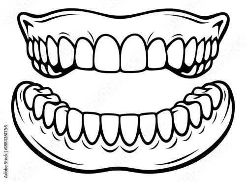 Hand drawn line art dentures set featuring human dental prosthetics for dental care and medical concepts