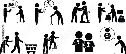 Senior Care and Assistance Icon Set Silhouettes, People Helping Elderly with Daily Activities and Mobility