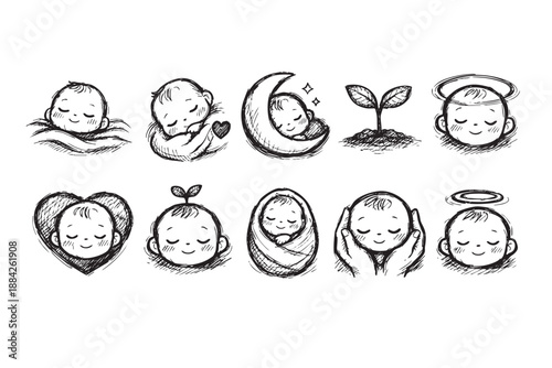 A charming collection of hand-drawn black and white baby illustrations, depicting infants peacefully sleeping, symbolizing new life, growth, love, and protection.