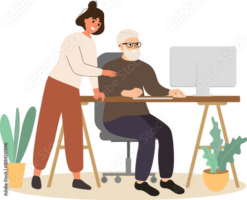 Young Woman Teaching Elderly Man How to Use a Computer, Intergenerational Digital Literacy and Support Concept
