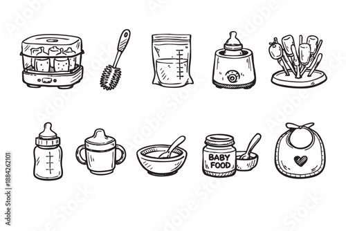 A collection of hand-drawn black and white doodle icons illustrating various baby feeding and care essentials, including sterilizers, bottles, and food items, isolated on a clean white background.