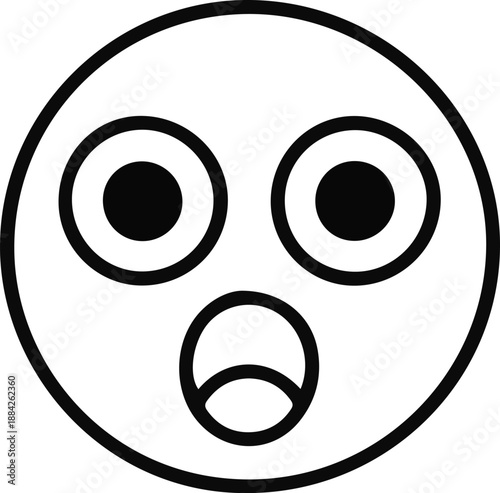 Shocked Emoji Face Outline Icon, Simple black outline illustration of a shocked face with wide eyes and open mouth, expressing surprise, fear, or sudden realization.

