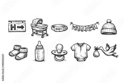 A delightful collection of black and white hand-drawn doodle icons showcasing essential baby arrival and newborn items, perfect for pregnancy announcements, invitations, or nursery designs.