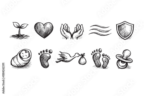 A charming collection of hand-drawn sketch icons depicting concepts of baby, growth, love, family, and protection, isolated on a clean white background.