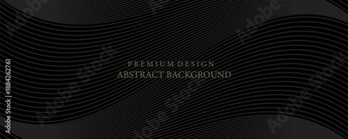 Black abstract background design. Modern wavy line pattern in monochrome colors. Premium stripe texture for banner, business backdrop. Dark horizontal vector template