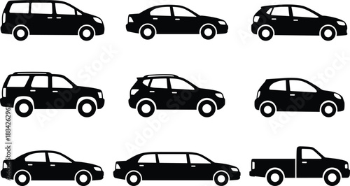 Vehicle silhouette icon set, cars SUVs vans limousine pickup designs, automobile transportation collection, black vector transport symbols