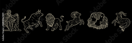 Vector illustration of zodiac signs in a synthage linear retro engraving style with baroque elements. Astrology and tarot