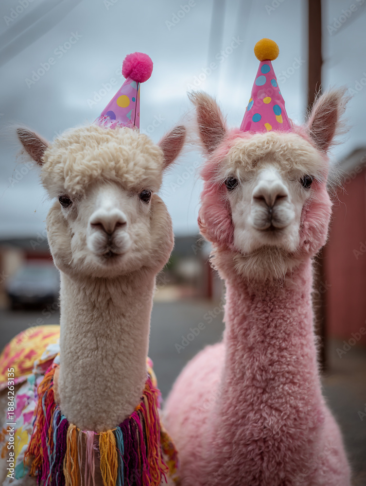Fototapeta premium Two adorable alpacas wearing colorful party hats and decorations are standing side by side outdoors