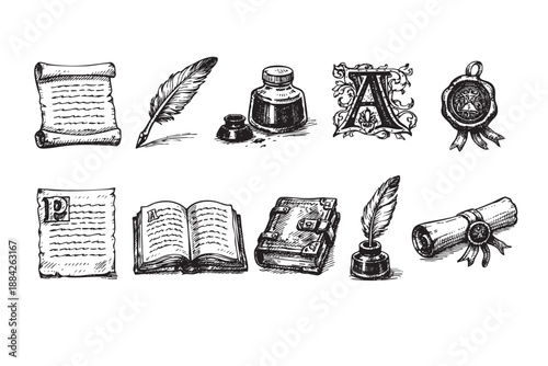 Hand-drawn vintage writing implements, books, scrolls, quills, inkwells, and wax seals in a classic black and white style, ideal for historical, legal, or literary designs.