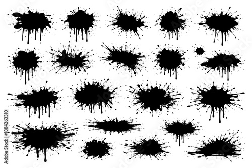 Collection of black ink splatters and blot patterns on white background.