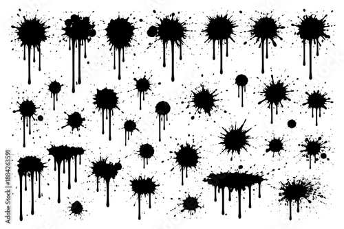 Diverse black ink splatters with drips on white background.