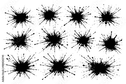 Set of twelve black ink splatter designs on white background.